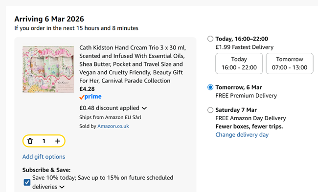 Screenshot showing Cath Kidston Hand Cream Trio for £4.28 at Amazon