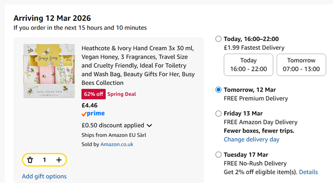 Screenshot showing Heathcote & Ivory Hand Cream 3 x 30ml Gift Set for £4.46 at Amazon