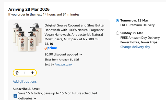 Screenshot showing Original Source Antibacterial Handwash 6 x 300ml for £5.10 at Amazon