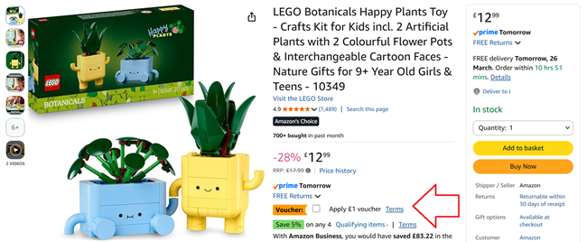 Screenshot showing LEGO Botanicals Happy Plants at Amazon