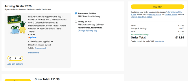 Screenshot showing LEGO Botanicals Happy Plants for £11.99 at Amazon