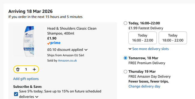 Screenshot showing Head & Shoulders Classic Clean Shampoo, 400ml for £1.90 at Amazon