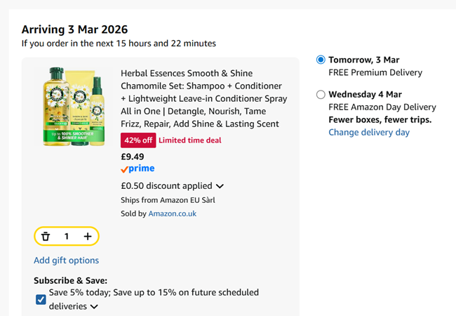 Screenshot showing Herbal Essences Smooth & Shine Chamomile Set for £9.49 at Amazon