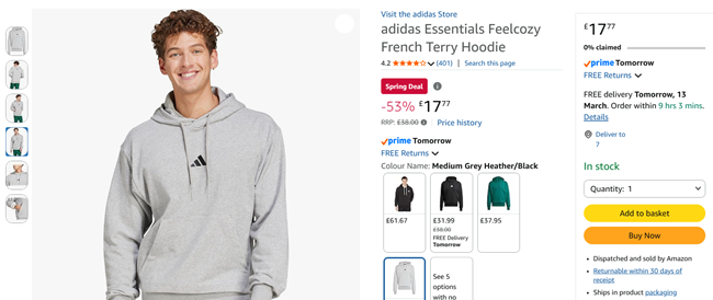 Screenshot showing Adidas Essentials Feelcozy French Terry Hoodie Medium for £17.77 at Amazon