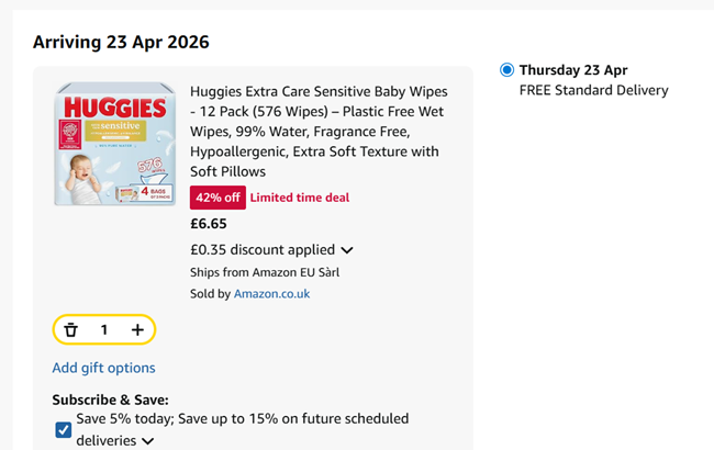 Screenshot showing Huggies Extra Care Sensitive Baby Wipes - 12 Pack (576 Wipes) for £6.65 at Amazon