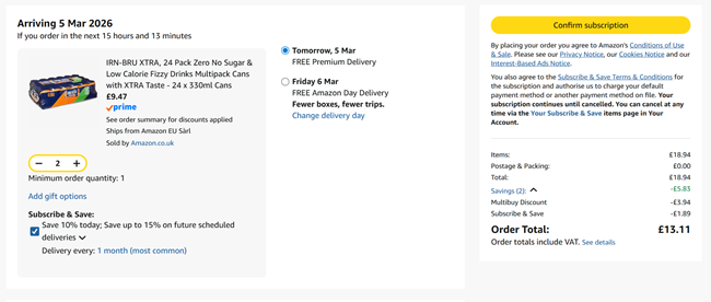 Screenshot showing IRN-BRU XTRA Zero No Sugar 24 x 330ml Cans x 2 for £13.11 at Amazon