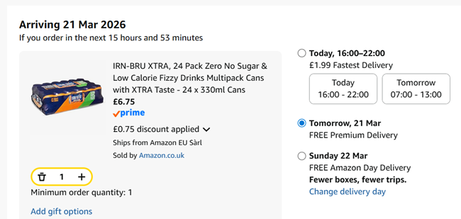 Screenshot showing IRN-BRU XTRA Zero No Sugar 24 x 330ml Cans for £6.75 at Amazon