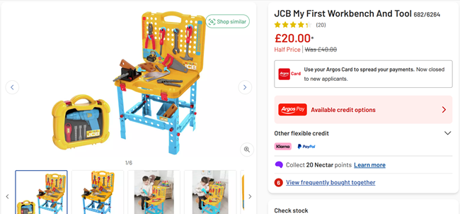 Screenshot showing JCB My First Workbench And Tool Case for £20 at Argos