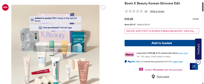 Screenshot showing Boots K Beauty Korean Skincare Edit for £35 at Boots
