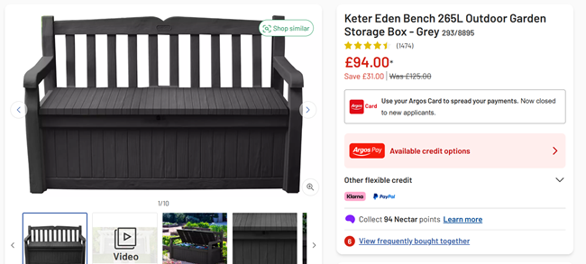 Screenshot showing Keter Eden Bench 265L Outdoor Garden Storage Box for £94 at Argos
