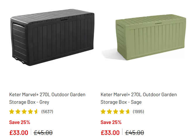 Screenshot showing Keter Marvel+ 270L Outdoor Garden Storage Box - Grey or Sage for £33 at Argos