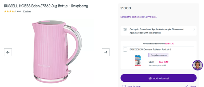 Screenshot showing Russell Hobbs Eden Jug Kettle Raspberry for £10 at Currys