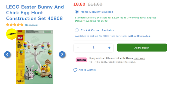 Screenshot showing LEGO Easter Bunny And Chick Egg Hunt for £8.80 at The Entertainer