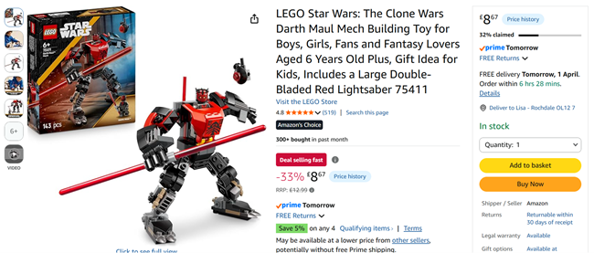 Screenshot showing LEGO Star Wars: The Clone Wars Darth Maul Mech for £8.67 at Amazon