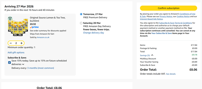 Screenshot showing Original Source Lemon & Tea Tree Shower Gel 6x250ml x 2 for £8.06 at Amazon