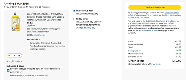 Screenshot showing Lenor Fabric Conditioner 118 Washes x 4 for £15.46 at Amazon