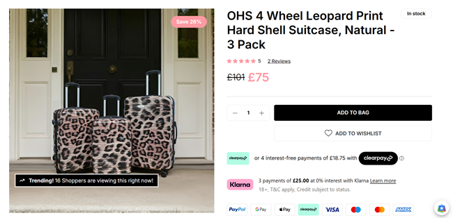 Screenshot showing 4 Wheel Leopard Print Hard Shell Suitcase 3 Pack for £75 at Online Home Shop