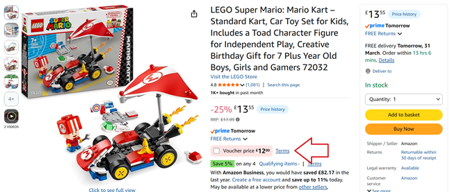 Screenshot showing LEGO Super Mario: Mario Kart – Standard Kart for £12 at Amazon