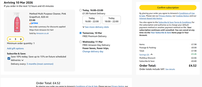 Screenshot showing Method Multi Purpose Cleaner, Pink Grapefruit, 828 ml 3 for £4.52 at Amazon