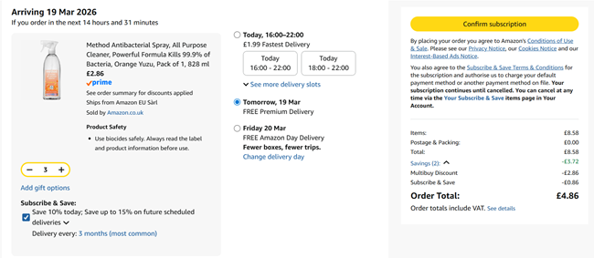 Screenshot showing Method Orange Yuzu Antibacterial Spray, 828 ml, 3 for £4.86 at Amazon