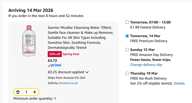 Screenshot showing Garnier Micellar Cleansing Water 700ml for £4.72 at Amazon