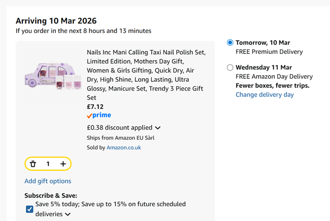Screenshot showing Nails Inc Mani Calling Taxi Nail Polish Set for £7.12 at Amazon