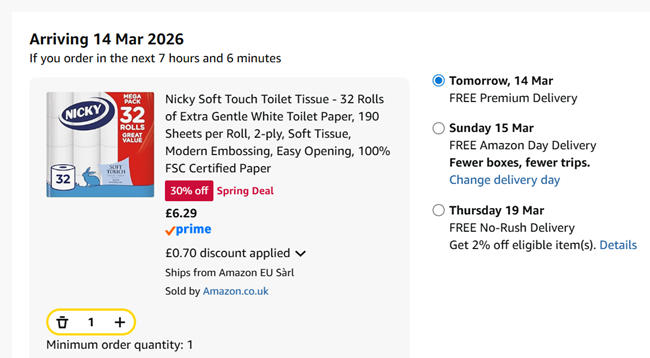Screenshot showing Nicky Soft Touch Toilet Tissue 32 Rolls for £6.29 at Amazon