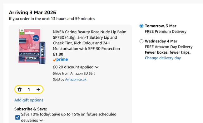 Screenshot showing Nivea Caring Beauty 3-in-1 Rose Lip & Cheek Balm SPF30 for £1.80 at Amazon