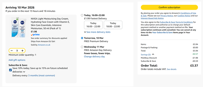 Screenshot showing Nivea Light Moisturising Day Cream SPF 15 50ml 3 for £3.37 at Amazon
