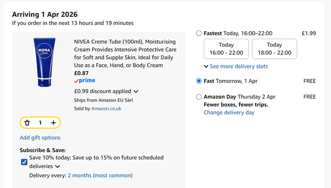 Screenshot showing NIVEA Creme Tube (100ml) for 87p at Amazon