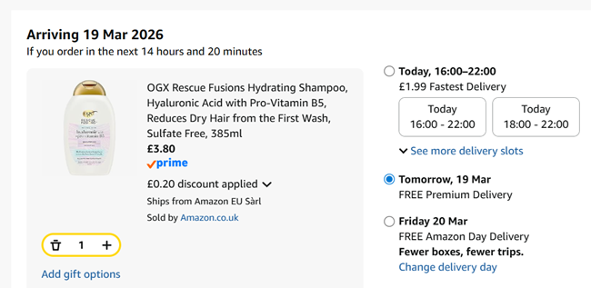 Screenshot showing OGX Rescue Fusions Hydrating Shampoo 385ml for £3.80 at Amazon