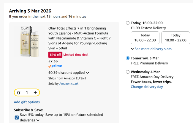 Screenshot showing Olay Total Effects 7 in 1 Brightening Youth Essence 50ml for £7.36 at Amazon
