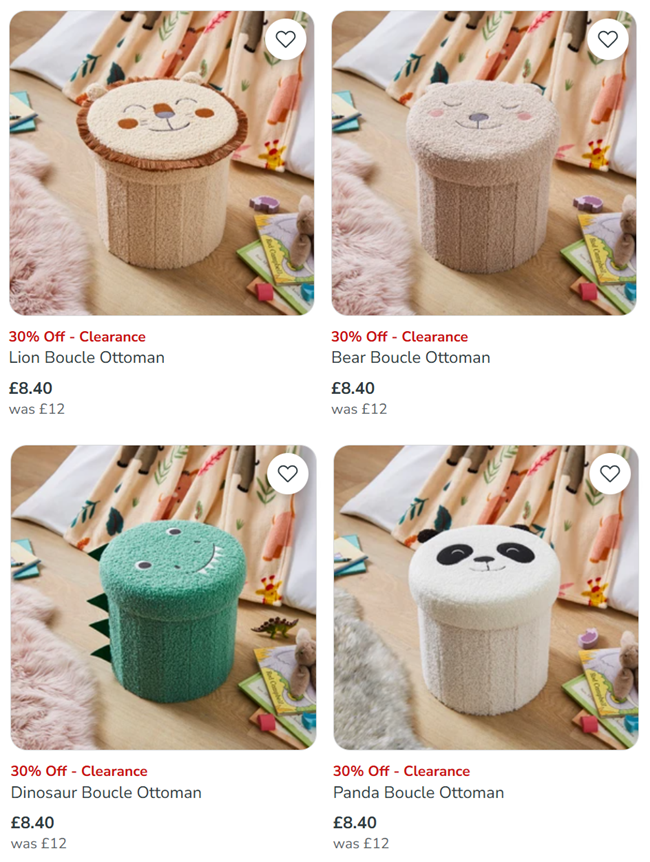 Screenshot showing Animal Boucle Ottomans now £8.40 each at Dunelm