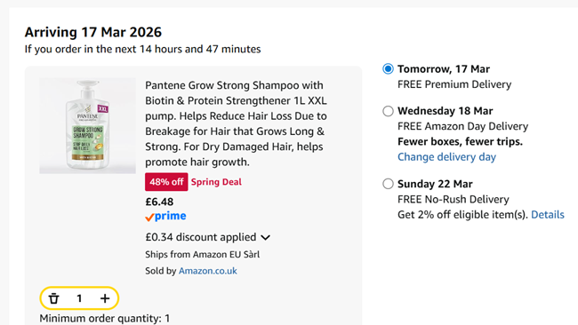 Screenshot showing Pantene Grow Strong Shampoo 1L XXL Pump for £6.48 at Amazon