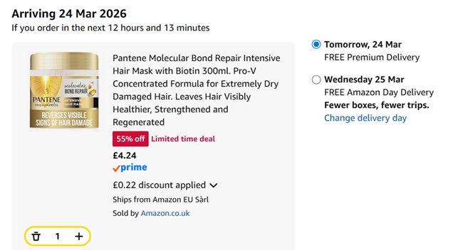 Screenshot showing Pantene Molecular Bond Repair Intensive Hair Mask with Biotin 300ml for £4.24 at Amazon