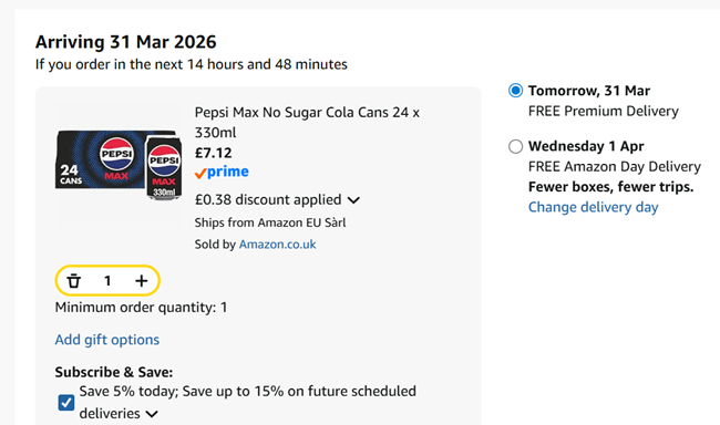 Screenshot showing Pepsi Max 24 x 330ml Cans for £7.12 at Amazon
