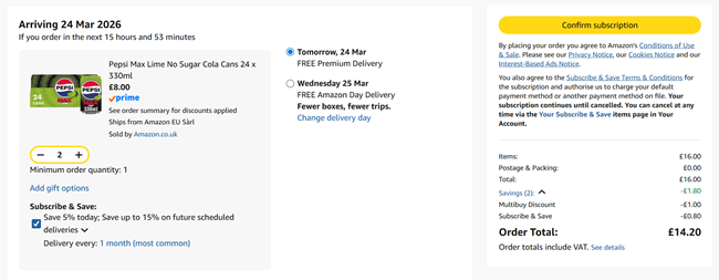 Screenshot showing 2 x Pepsi Max Lime No Sugar Cola Cans 24 x 330ml for £14.20 at Amazon