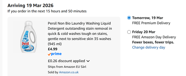Screenshot showing Persil Non Bio Laundry Washing Liquid Detergent 35 washes (945 ml) for £4.99 at Amazon