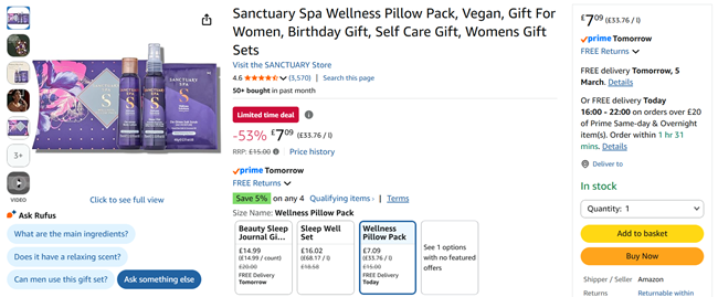 Screenshot showing Sanctuary Spa Wellness Pillow Pack for £7.09 at Amazon