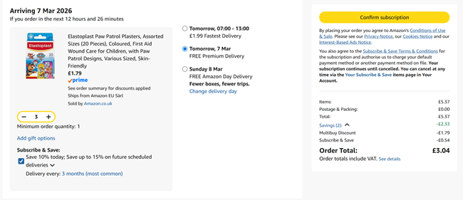 Screenshot showing Elastoplast Paw Patrol Plasters Pack of 20 x 3 for £3.04 at Amazon