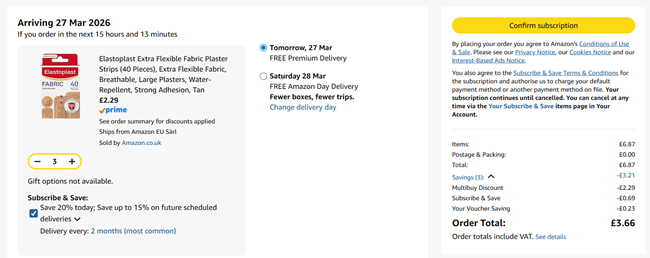 Screenshot showing Elastoplast Extra Flexible Fabric Plaster Strips (40 Pieces) 3 for £3.66 at Amazon