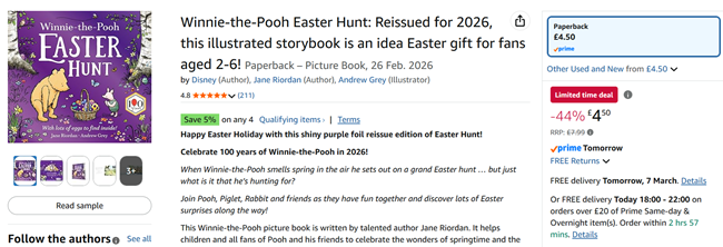 Screenshot showing Winnie-the-Pooh Easter Hunt Book for £4.50 at Amazon