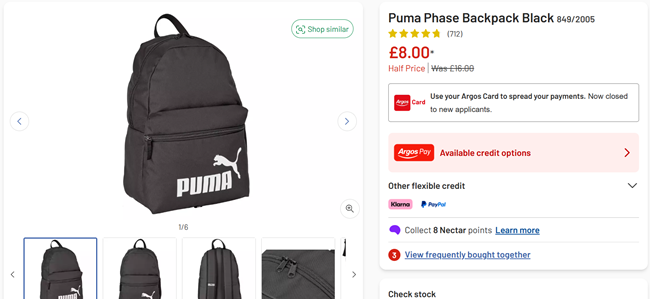 Screenshot showing Puma Phase Backpack Black for £8 at Argos
