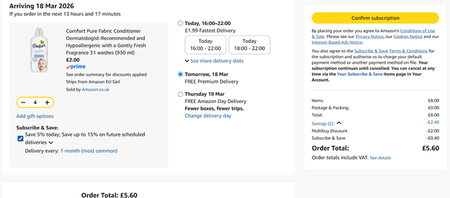 Screenshot showing Comfort Pure Fabric Conditioner 31 Washes x 4 for £5.60 at Amazon