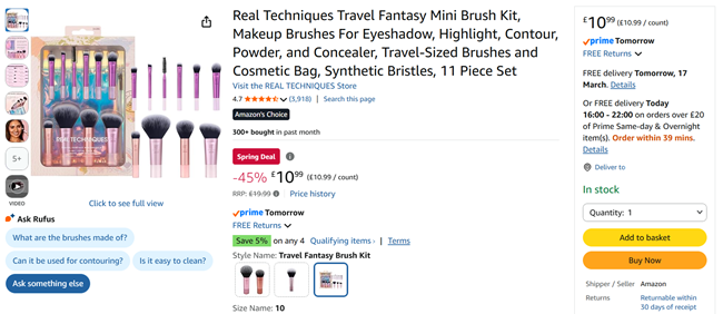 Screenshot showing Real Techniques Travel Fantasy Mini Brush Kit for £10.99 at Amazon