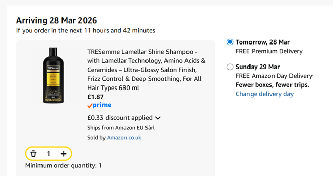 Screenshot showing TRESemme Lamellar Shine Shampoo 680ml for £1.87 at Amazon