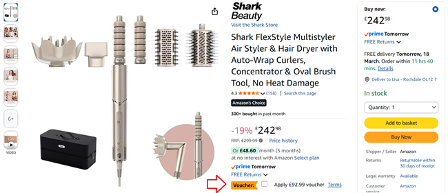 Screenshot showing Shark FlexStyle Multistyler Air Styler & Hair Dryer with Auto-Wrap Curlers, Concentrator & Oval Brush Tool at Amazon