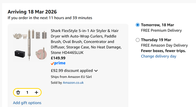Screenshot showing Shark FlexStyle Multistyler Air Styler & Hair Dryer with Auto-Wrap Curlers, Concentrator & Oval Brush Tool for £149.99 with voucher at Amazon