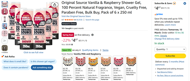 Screenshot showing Original Source Vanilla & Raspberry Shower Gel Pack of 6 x 250 ml for £4.67 at Amazon