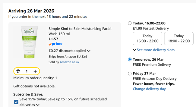 Screenshot showing Simple Kind to Skin Moisturising Facial Wash 150 ml for £1.57 at Amazon